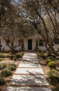 Pathway leading to a house surrounded by trees