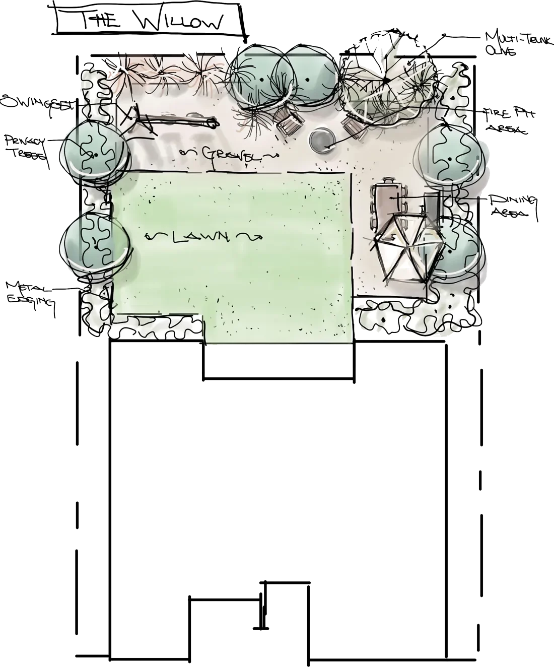 Top-down view of a garden layout featuring a lawn and trees