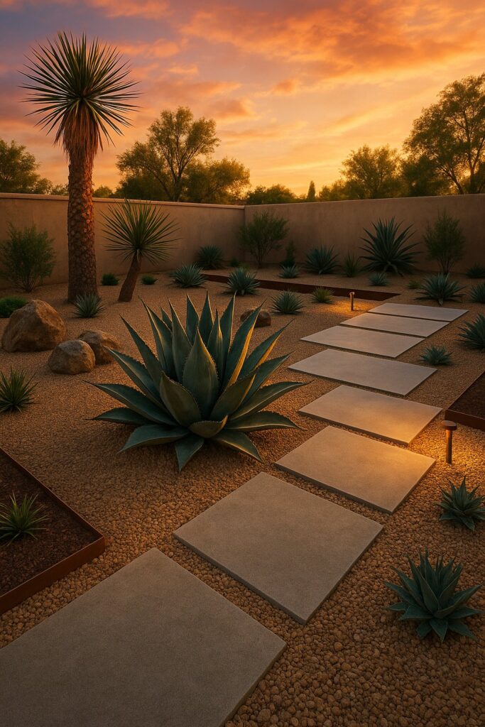 Drought-tolerant backyard featuring large agave, gravel, and sunset-lit walkway