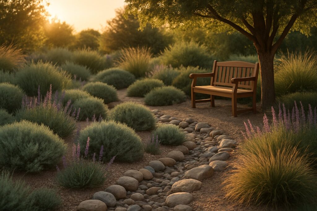 Peaceful garden with sagebrush, lavender, ornamental grasses, and stone creek bed