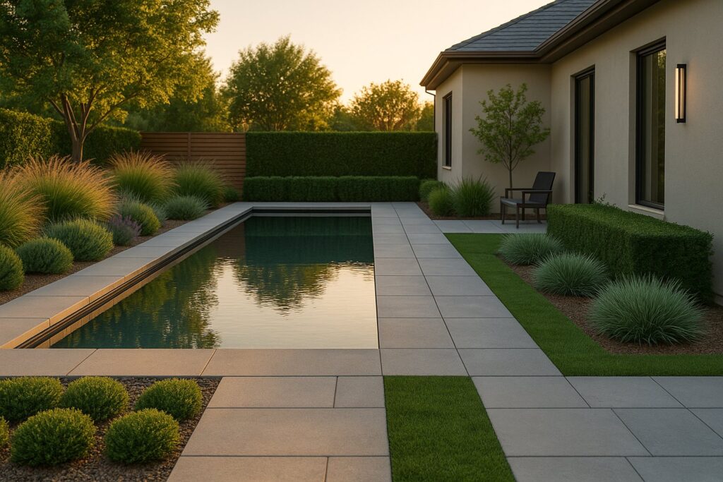 Clean modern backyard with rectangular pool, soft grasses, and hedges