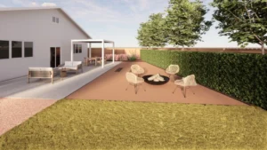 Contemporary backyard with seating and fire pit