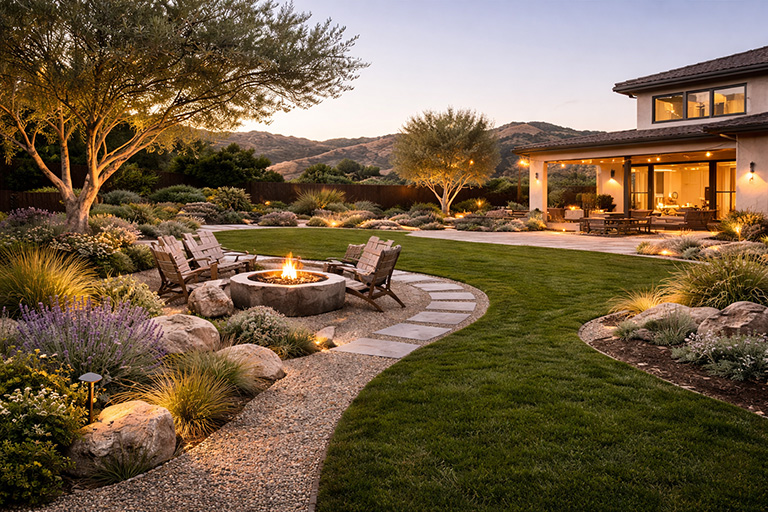 Soft lawn and fire pit landscape design in San Luis Obispo County at sunset.