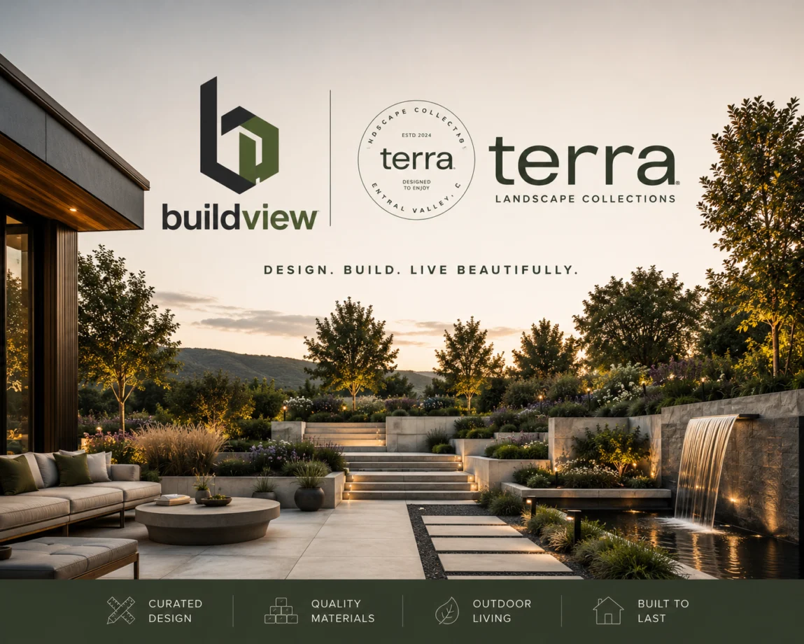 Buildview and Terra logo with landscaped outdoor space