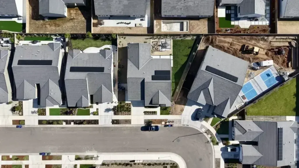 Aerial view of houses in a suburban area