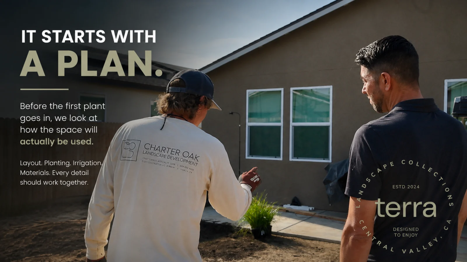 Two men discussing landscape design outside a house