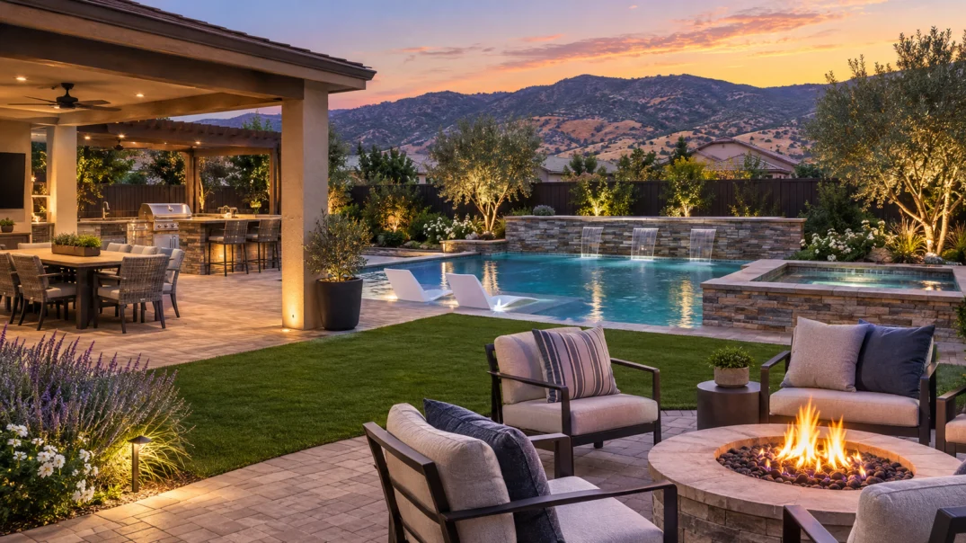 Backyard with pool and seating area during sunset