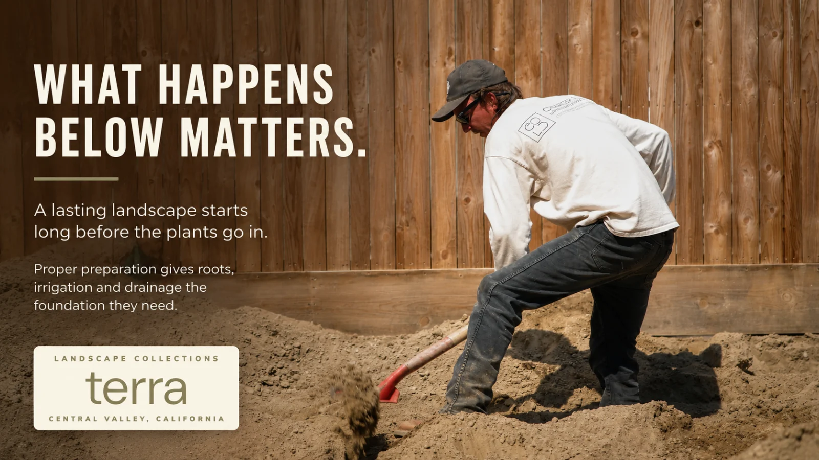 Person digging soil for landscaping preparation
